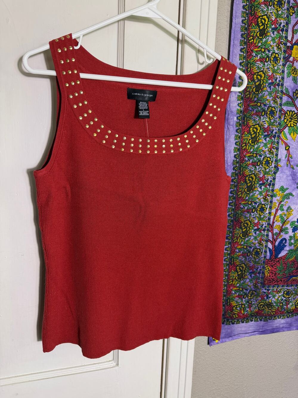 Cable & Gauge Silk Blend Tank Top L Rust Red Gold Studded Y2K Square Neck
